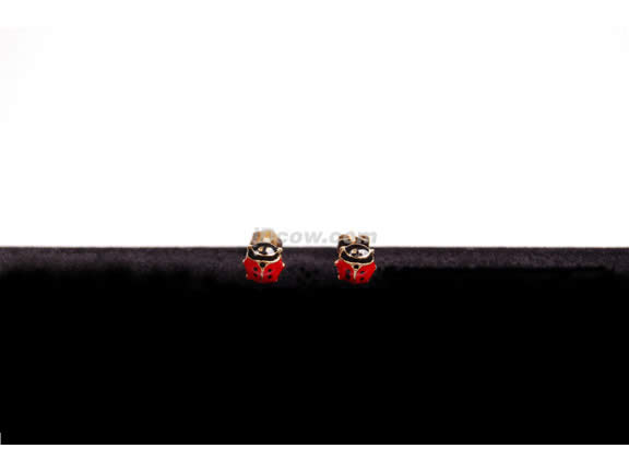 14K Gold enamel Lady Bug Earrings in baby stroller case