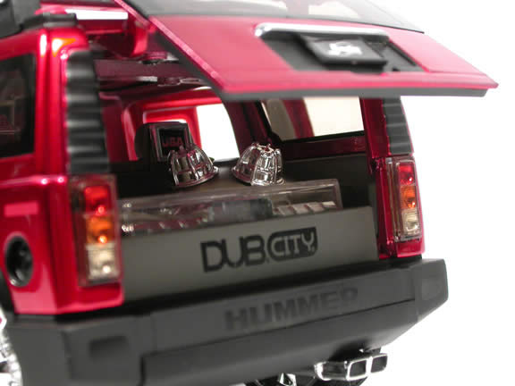 2004 Hummer H2 diecast model SUV with Spintek EVO-H Wheels 1:18 scale die cast from Dub City Jada Toys - Candy Apple Red