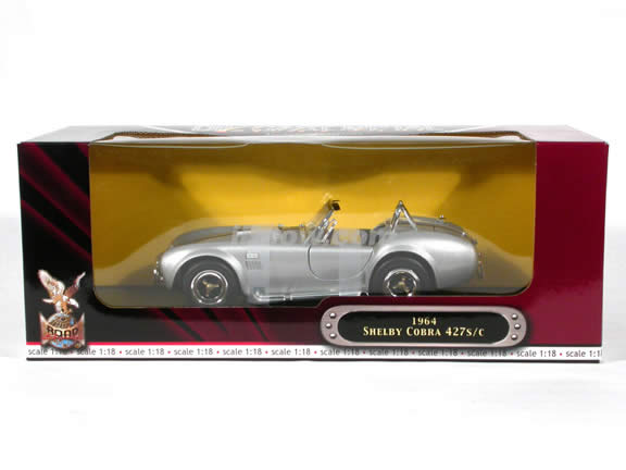 1964 Shelby Cobra 427 S/C diecast model car 1:18 scale die cast by Yat Ming - Silver & Black Racing Stripes